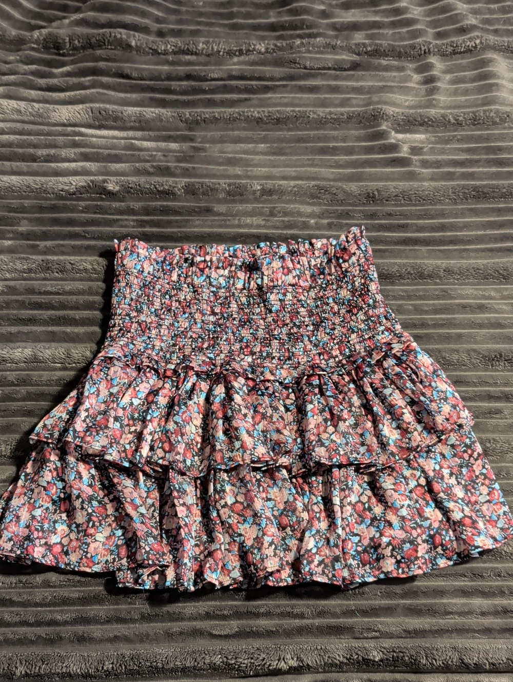 Reset Sparkly Floral Smocked Ruffle Mini Skirt in Pink and Blue
